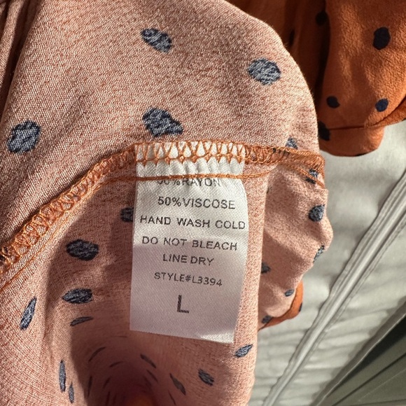 By Together Flowy Knee Length‎ Polka Dot Dress Size L Organge Navy Blue Ruffle - Picture 5 of 6